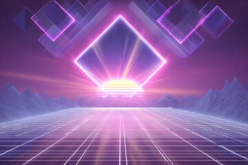Retrofuturistic sunrise over gridded landscape.  Abstract geometric shapes in vibrant purples and pinks