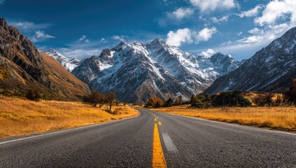 Naklejka premium Scenic mountain road winding into a snow-capped peak