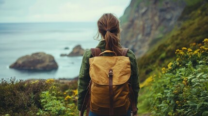 A woman with a backpack standing on a cliff overlooking the ocean, wearing a green jacket and blue jeans. The scene is set against a backdrop of greenery and rocky cliffs.