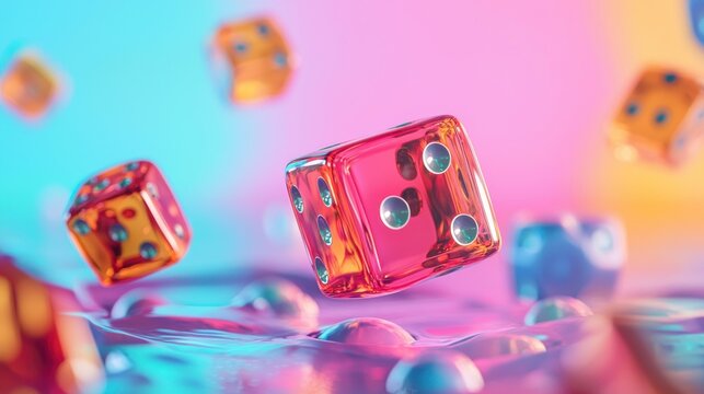A vibrant, colorful scene featuring a pink and orange dice floating in a liquid with a gradient background.
