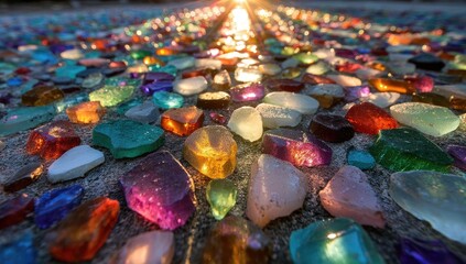 Fototapeta premium Colorful glass mosaic pathway, sunlight
