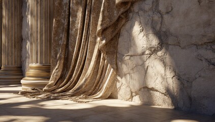 Beige draped fabric hangs near ancient stone columns