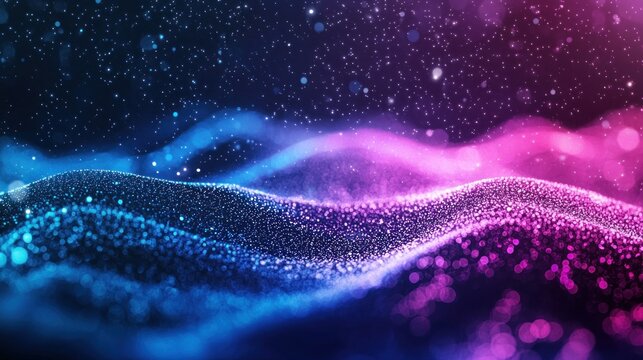 A vibrant, abstract digital wave with a gradient of blue and pink hues, featuring a dynamic, fluid pattern of particles and light effects.