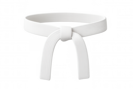 White martial arts belt knotted tightly, signaling initial training level against neutral transparent surface