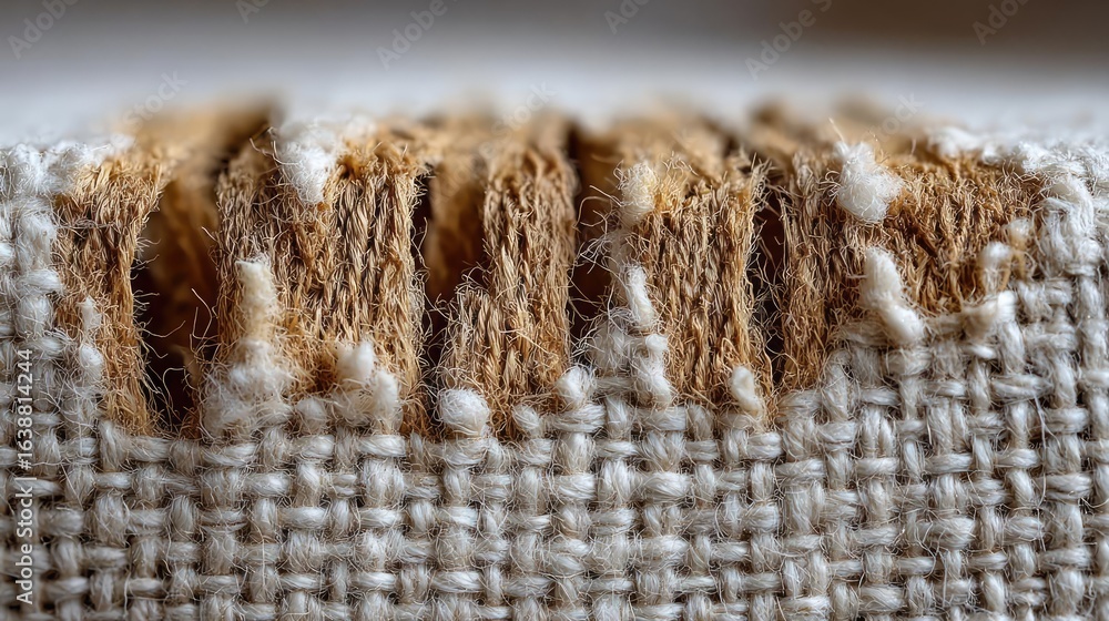Aufkleber ripped linen with torn felt concept. close-up of textured fabric showcasing unique weaving patterns.