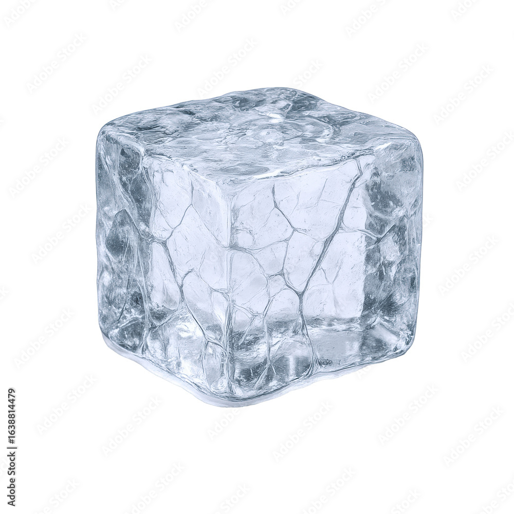 Poster clear textured ice cube with jagged edges, reflecting light and showing internal cracks