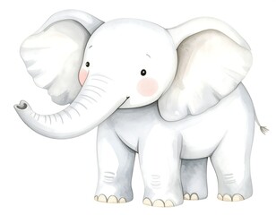 Obraz premium Adorable cartoon baby elephant, watercolor style, white, standing