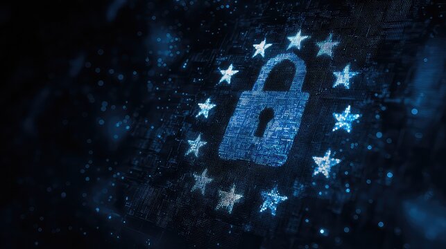 Digital padlock and stars representing GDPR data protection, cybersecurity, and online privacy in a modern digital world