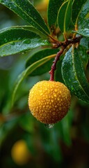 Obraz premium Close-up of a single, yellow fruit with water droplets, hanging from a branch with green leaves