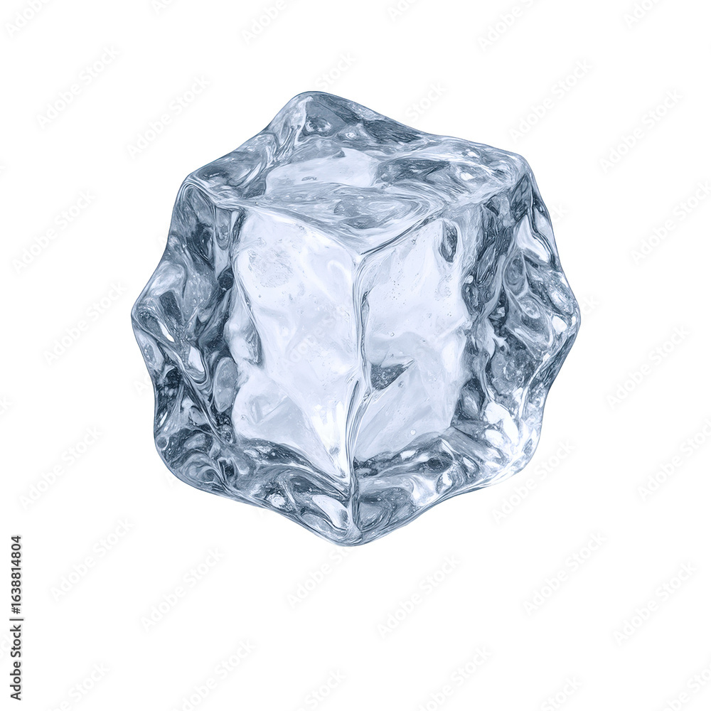Poster isolated single ice cube with jagged edges and internal fractures, reflecting light and showing text