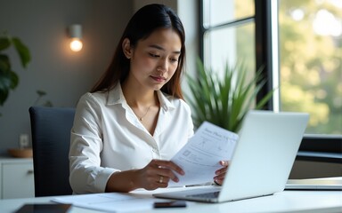Focused latin hispanic business woman working on laptop computer reading financial document report in office. Accountant entrepreneur manager businesswoman doing paperwork using pc. Copy space, banner