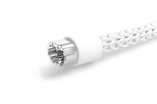 Close up of a braided white cable with exposed metallic wires - Powered by Adobe