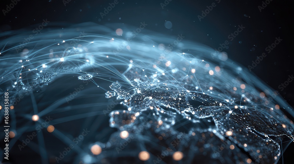 Poster global network connections illuminating the world with data flow, representing technology, communica