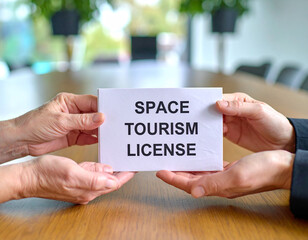 Space Tourism License: A person is handing over a paper titled SPACE TOURISM LICENSE with wooden desk in the background, symbolizing a moment of acceptance.