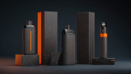 Fototapeta premium Dark, modern e-cigarette products displayed on dark gray backdrop. Orange accents highlight design elements