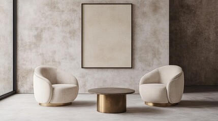 Two cream velvet armchairs flank a circular wood and brass coffee table against a textured beige wall with a large blank canvas.  Modern, minimalist interior design