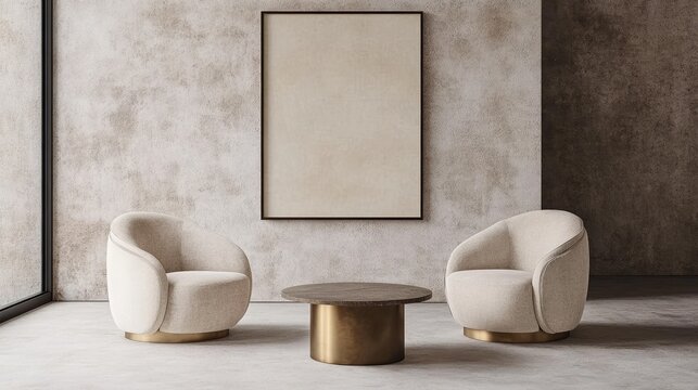 Two cream velvet armchairs flank a circular wood and brass coffee table against a textured beige wall with a large blank canvas.  Modern, minimalist interior design