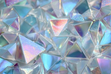 Abstract, iridescent, triangular prisms.  A close-up view of many small, faceted,  triangular shapes.  