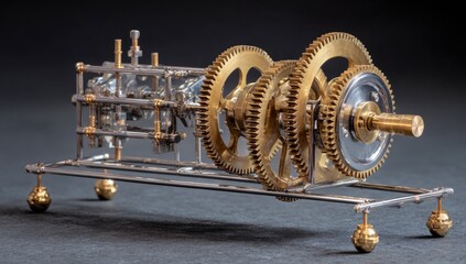 Fototapeta premium Detailed close-up of a complex mechanical clockwork mechanism. A brass and polished steel intricate gear train rests on a metal base. The gears, axles, and components are precisely crafted