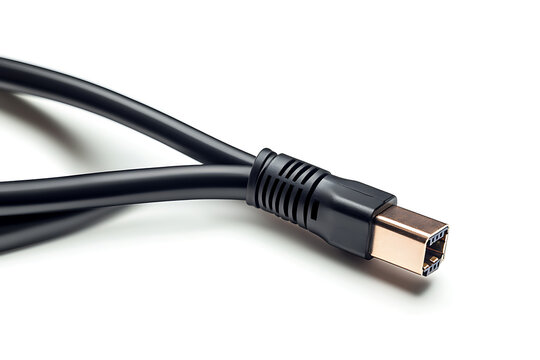 Close up of a black digital audio cable connector on a white background