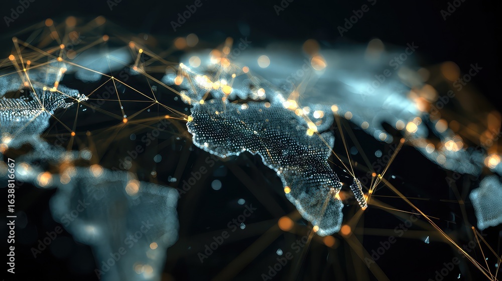 Poster global network connections illuminate world map, highlighting interconnectedness, technology, and co