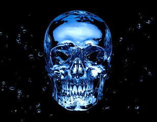 A translucent blue skull, seemingly made of water, is surrounded by bubbles against a black background
