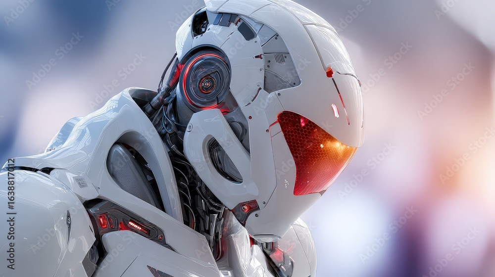 Poster futuristic robot head with glowing red accents, perfect for sci-fi projects, artificial intelligence