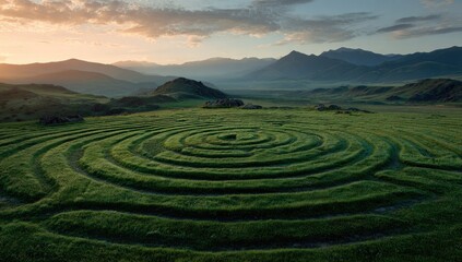 Ancient maze etched in grassy hillside at dawn.  Sunrise over mountain range