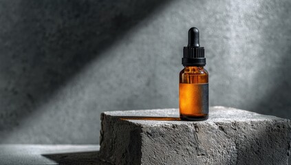 Amber glass dropper bottle on a textured stone pedestal, bathed in dramatic shadows
