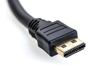 Close up of a black hdmi cable connector on a white background