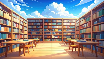 Sunny library interior with bookshelves and tables.