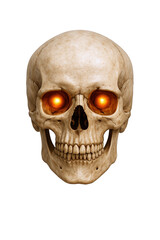 Obraz premium Close-up of a human skull with glowing orange eyes, conveying a sense of mystery and the supernatural.