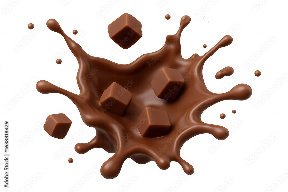 Poster chocolate cubes dropping into rich chocolate splash, generating dynamic visual effect, showcasing de