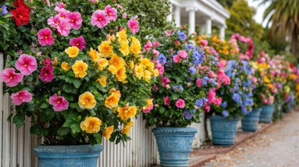 Hibiscus fence with giant planter concept. Colorful flowers in pots create a vibrant garden atmosphere.