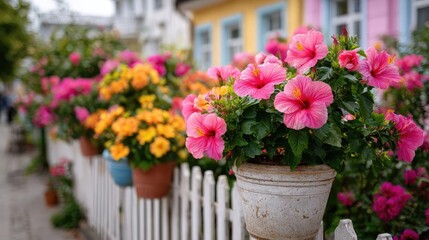 Hibiscus fence with giant planter concept. Vibrant flowers in pots along a charming white fence.