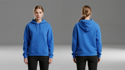 Young Woman Posing in Blue Hoodie Front and Back View on Gray Background
