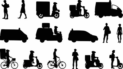 Illustration of various transportation methods including cars, scooters, bicycles, and pedestrians in silhouette