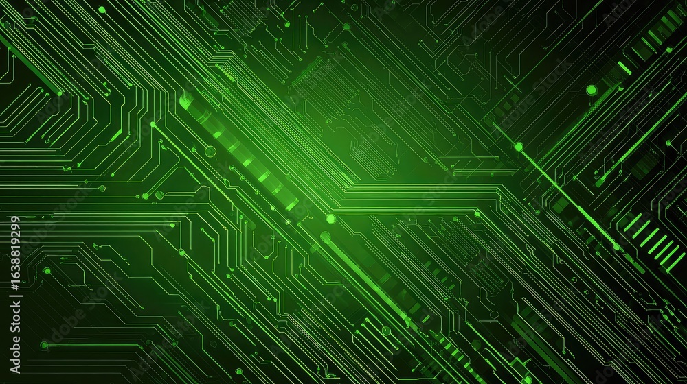 Poster immersive green digital circuit board pathways glowing with futuristic technology and complex data f