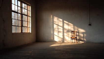 Sunlight streams into an empty room, casting shadows on a wooden chair