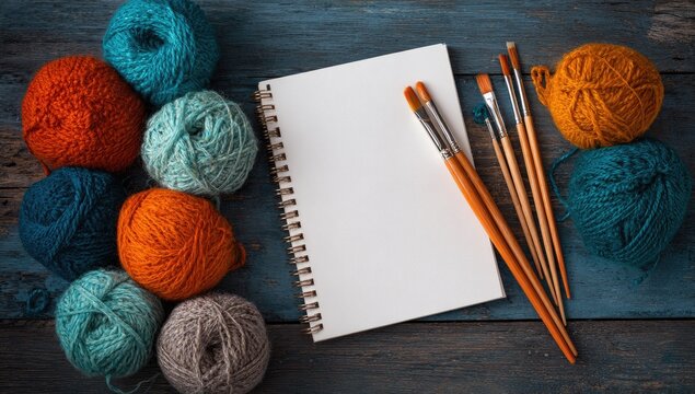 Colorful yarn balls, paintbrushes, and a blank sketchbook on a rustic wooden surface
