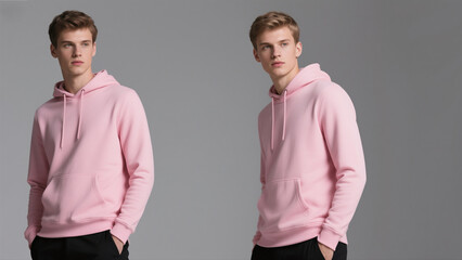 Young Man Posing in Pink Hoodie Front and Side View on Gray Background