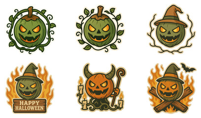 Set of Halloween Pumpkin Emblem Designs with Fire and Witch Hats
