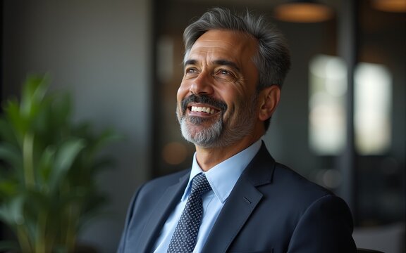 Portrait motivated executive confident senior business man specialist looking dreaming at copy space. Insipired indian or latin hispanic mature middle age boss, leader, ceo male businessman in office