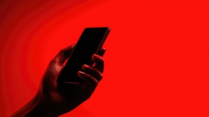 Elegant hand holding a sleek smartphone against a vibrant red background, showcasing modern technology and digital connection with dramatic lighting
