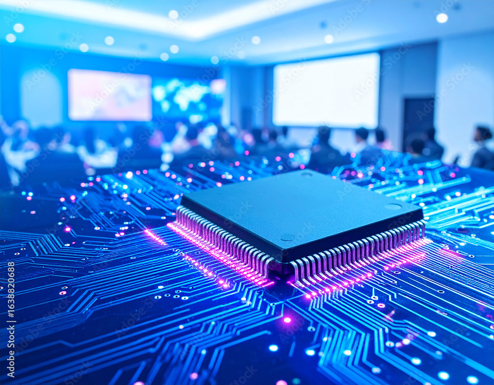 Poster digital circuit board: a high-tech circuit board illuminated with vibrant neon lights, presenting a 