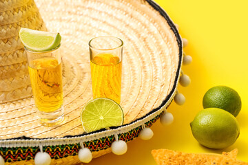 Shots of tequila, lime and sombrero hat on yellow background