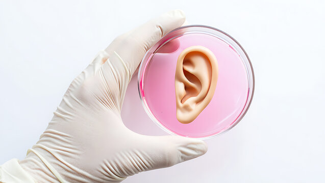 Ear model in petri dish held by gloved hand image
