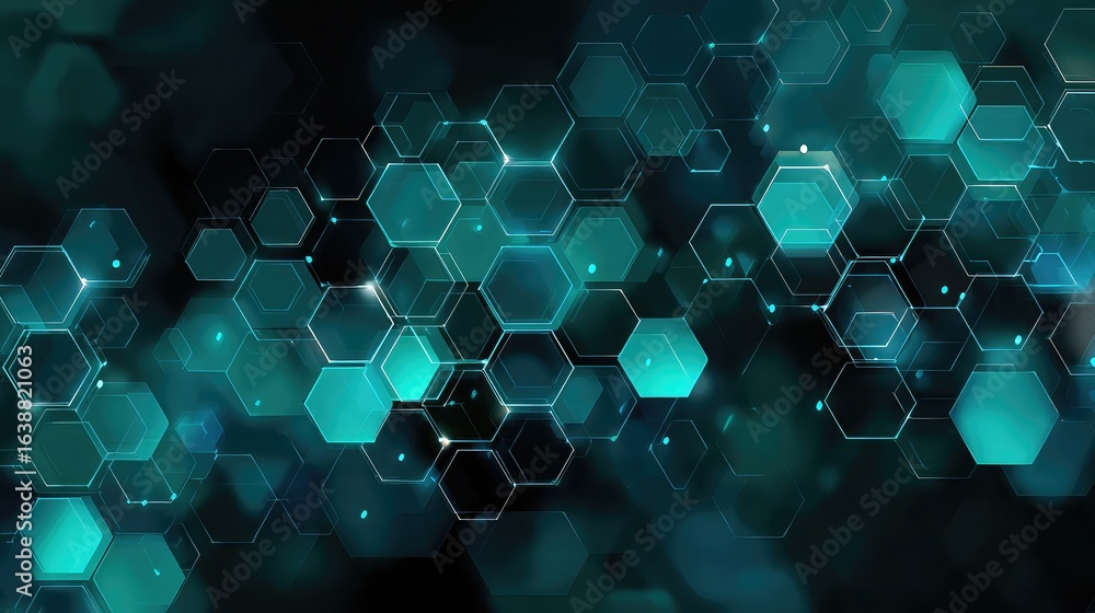 Poster abstract teal hexagon pattern on a dark background.