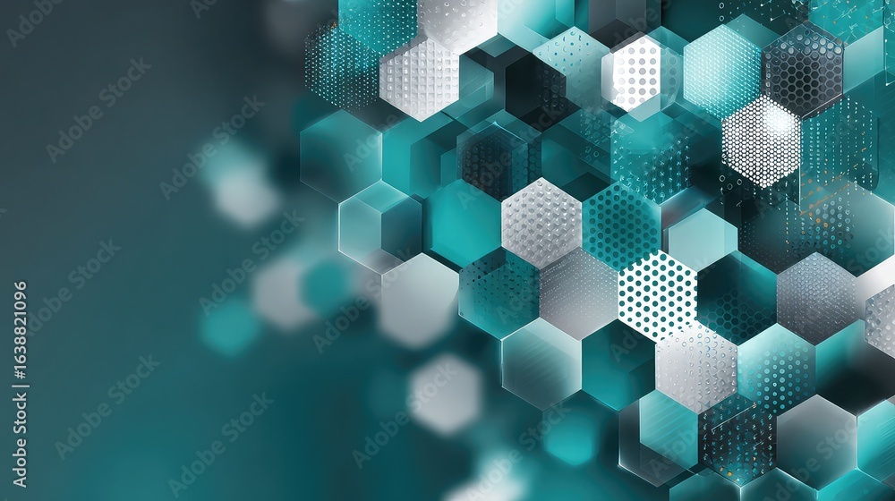 Poster a modern abstract background featuring a geometric pattern of 3d teal and silver hexagons with a sha