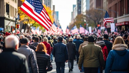 Fototapeta premium Veterans Day Parade: Crowd Celebrates and Honors Military Veterans with American Flags